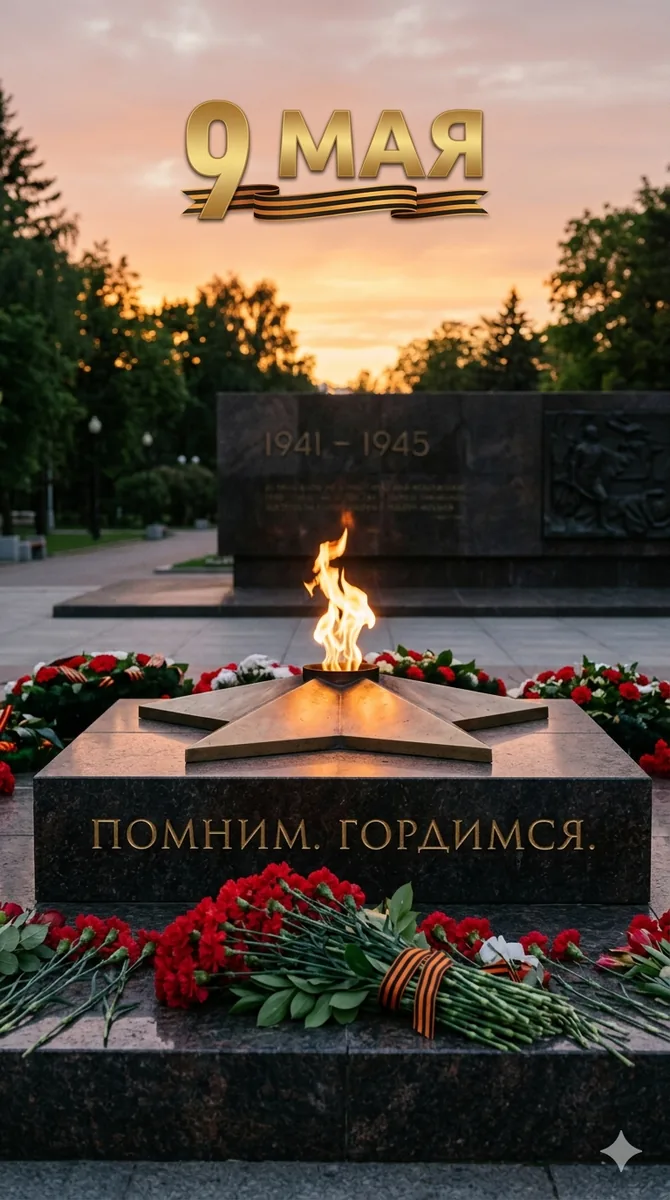 Открытка на 9 мая с Вечным огнем и красными гвоздиками