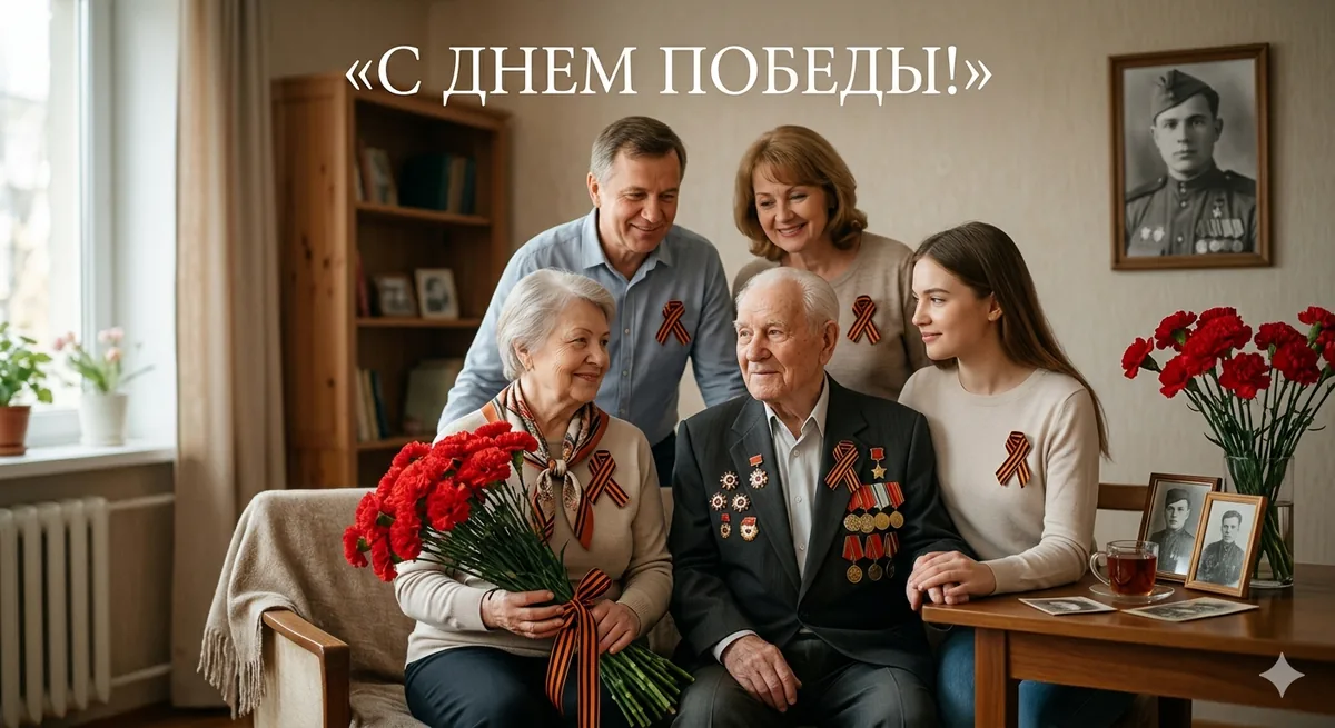Семейная открытка ко Дню Победы с тремя поколениями