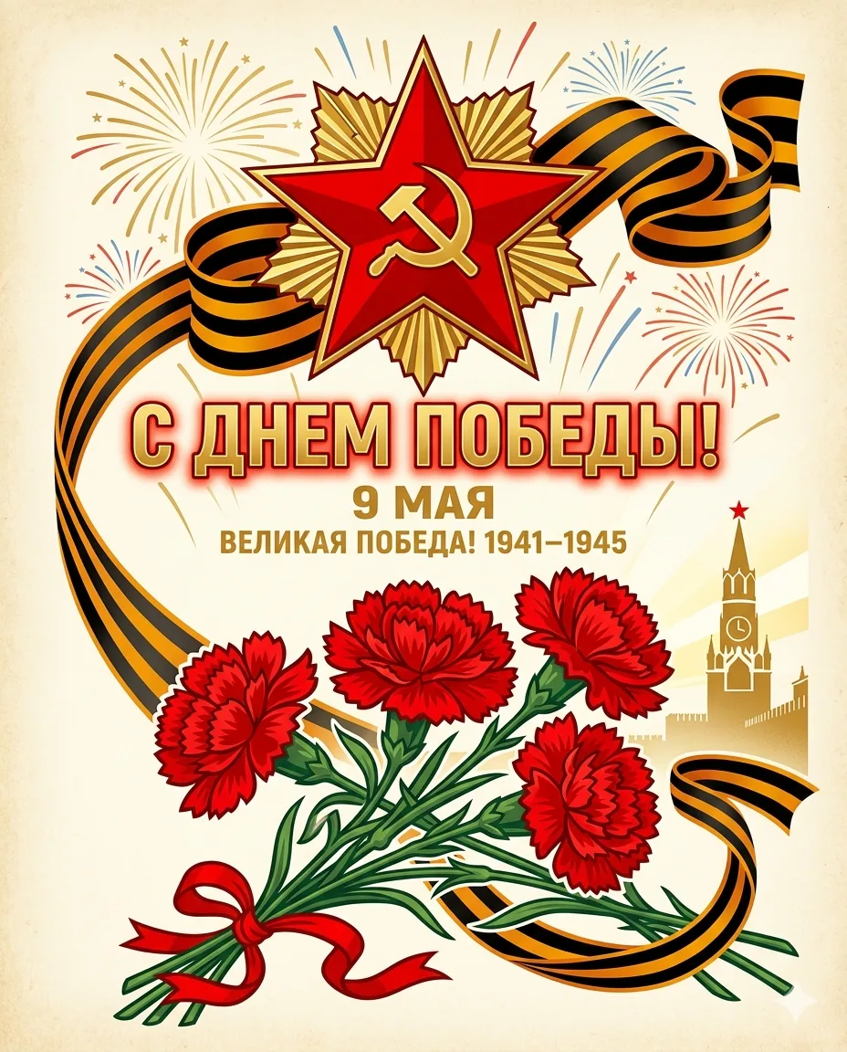 Плакатная открытка на 9 мая с выразительной композицией