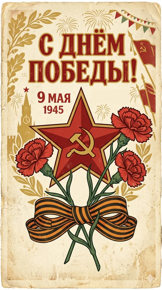 Ретро открытка ко Дню Победы в стиле советской графики