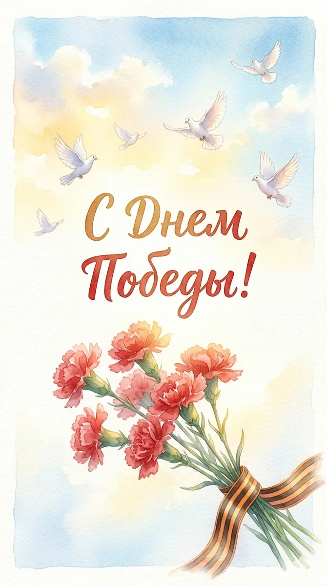 Акварельная открытка ко Дню Победы с гвоздиками и голубями